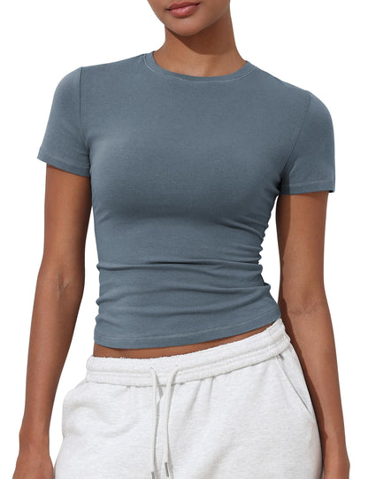 PrettyGuide Womens Short Sleeve Fitted T Shirt Crew Neck Going Out Cute Baby Tees Summer Basic Tee Kyanite L