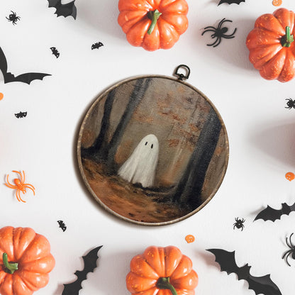 Yorhifa Halloween Ghost Framed Wall Art, Spooky Ghost Aesthetic Round Wall Art, Rustic Fall Forest Round Walls Decor, Farmhouse Gothic Circle Canvas Artwork Hanging Decor, 10x10in