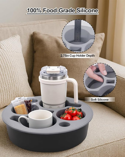 Couch Cup Holder Tray Round, 4-Cups Bedside Drink Holder for Elderly/Pregnancy, Stable Non-Spill Silicone Couch Caddy for Remote Control, Glasses‌, Snacks, Phones‌ (Black-White)