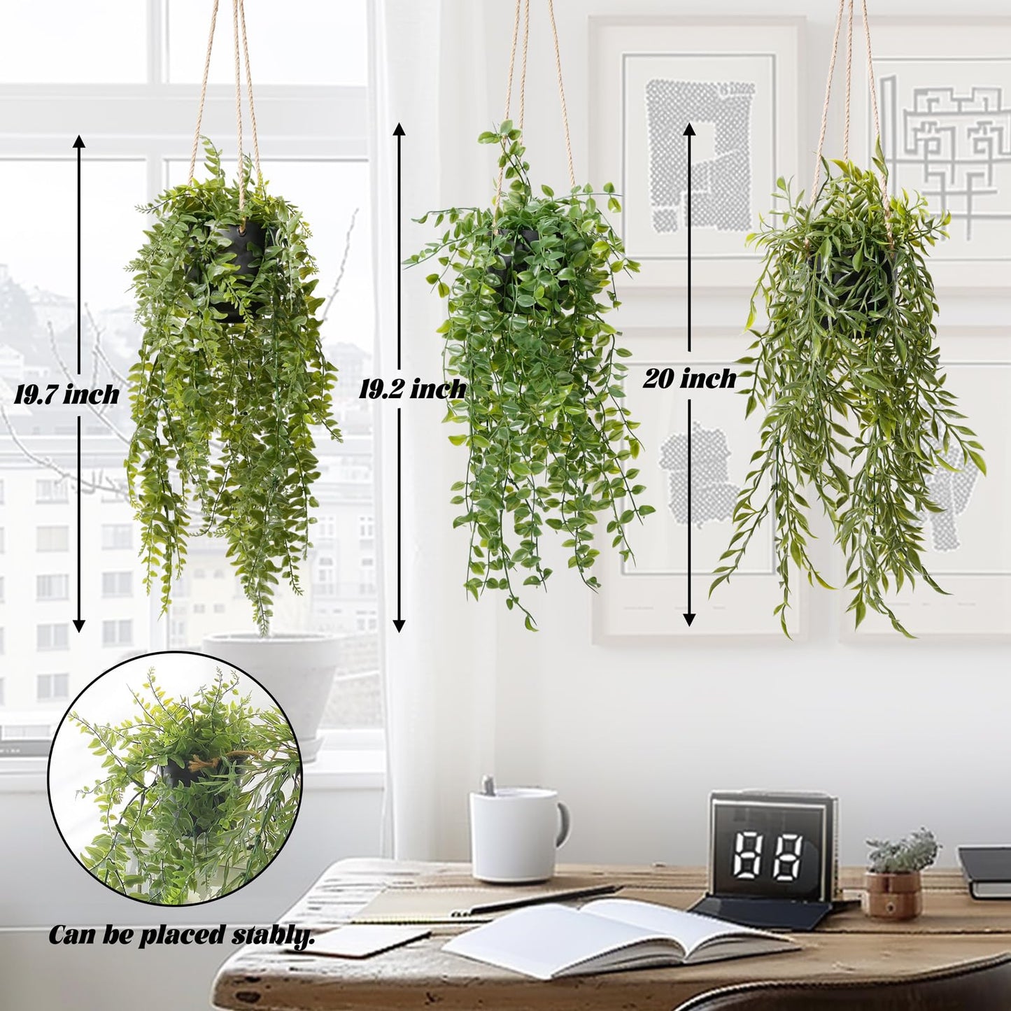 PENGYEE 3 Packs Fake Hanging Plants with Black Pots, 20" Artificial Hanging Plants for Wall Decor, Fake Fern Plants Mandala Vine for Home Bathroom Bedroom Kitchen Office Room Decor