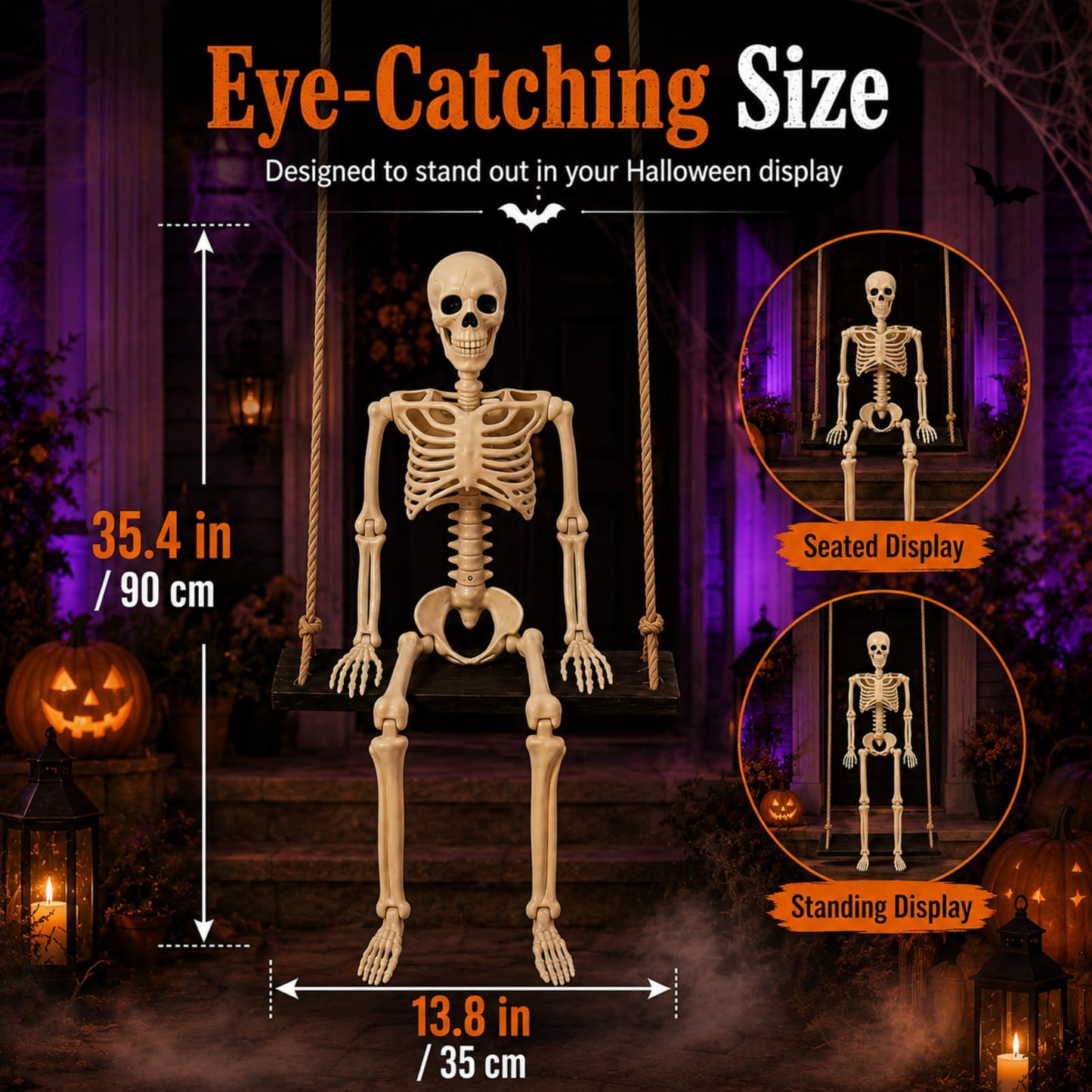 Sintuff Halloween Swinging Skeleton on Swing, Outdoor Swinging Ghost Decor, 35.4" Hanging Skeleton with 13.8" Wooden Seat for Yard, Porch, Tree, Spooky Halloween Decorations