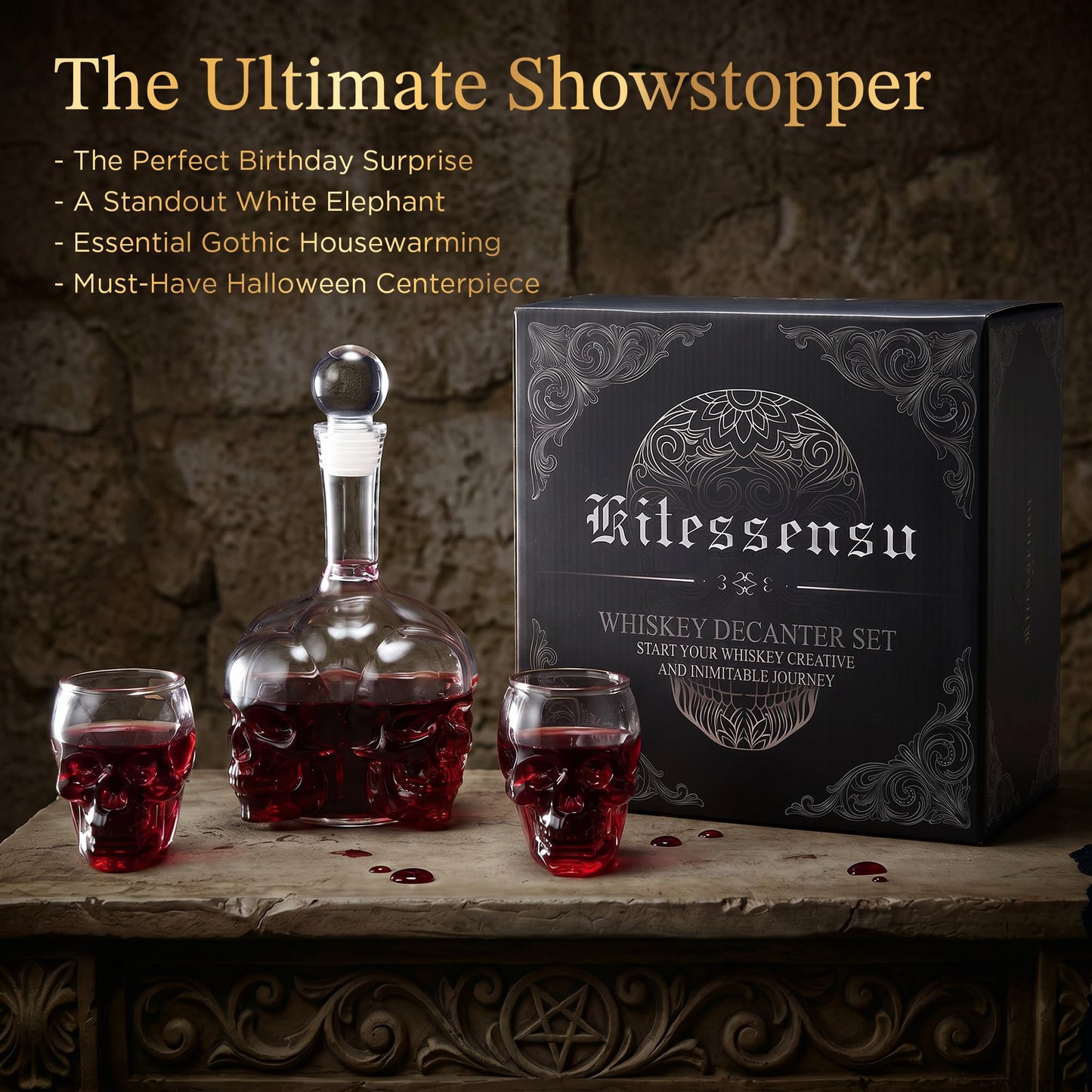 Gothic Skull Whiskey Decanter Set - 34 oz Spooky Skeleton Glass Decanter with 2 Rocks Glasses - Dark Academia Home Bar Decor & Man Cave - Cool Halloween Gifts for Men & Whisky Lovers