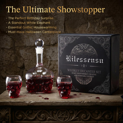 Gothic Skull Whiskey Decanter Set - 34 oz Spooky Skeleton Glass Decanter with 2 Rocks Glasses - Dark Academia Home Bar Decor & Man Cave - Cool Halloween Gifts for Men & Whisky Lovers