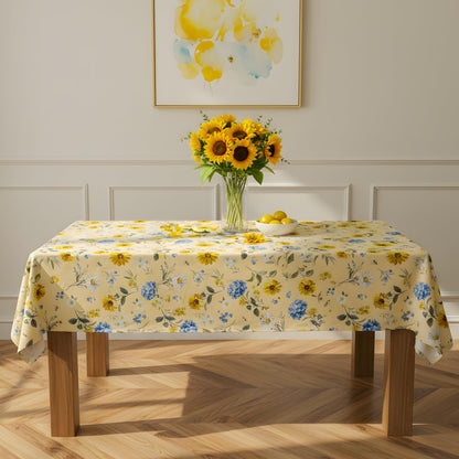 LOSIVISHE Spring Floral Tablecloth Waterproof Yellow Table Cover with Sunflowers, Hydrangeas & Daisies – Waterproof Fabric Table Cloth for Dining Room, Kitchen, Party & Outdoor Decor, W60 x L102 in