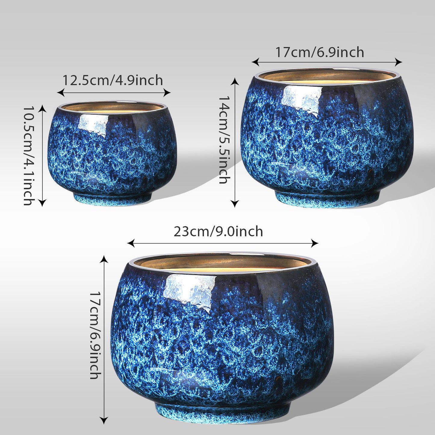 BUYMAX Ceramic Plant Pots Set of 3 for Indoor Plants, 6 8 10 Inch Large Round Planters with Drainage Hole, Modern Flower Pots with Mesh Pads & Rubber Plugs for Home Garden Decor, Blue