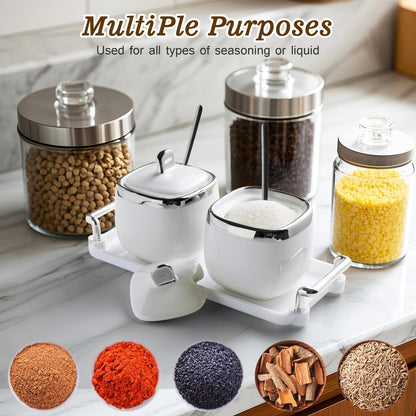EABOSON Ceramic Sugar Bowl 2 Pack, Porcelain Seasoning Jar with Tray, Spoon and Lid for Sugar, Pepper, Coffee, Spice, Salt (silver)