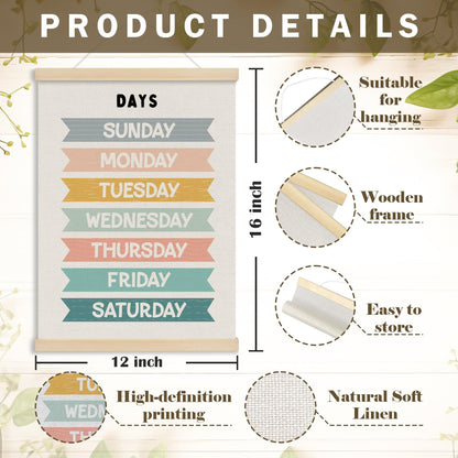 MOTERMATE Days of The Week Wall Art Poster for Kids, Boho Toddler Room Decor, Learning Educational Canvas Poster Hanger Frame for Toddlers Classroom, Kids Playroom Wall Hanging Banner Decor, 12x16Inch
