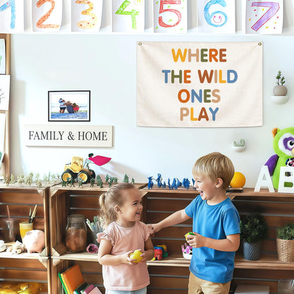 Nursery Rectangular Canvas Banner Flag-Where The Wild Ones Play Wall Sign Decor for Bedroom Playroom Babyroom Outdoor,Baby Shower Baptism Christmas Gift for Baby Boys Girls Kids-28.5"L×20"W