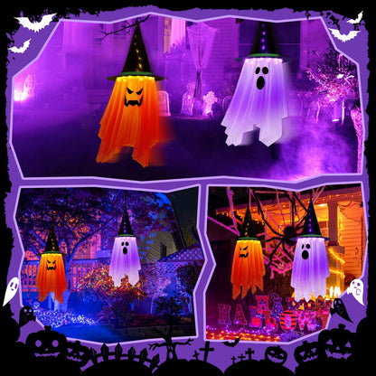 2PCS Halloween Decorations, 41" x 14" Large Size Hanging Lighted Glowing Ghost Witch Hat Lights Ornaments with Remote Control