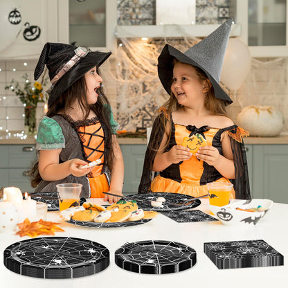 96 Pieces Halloween Spider Web Tableware Set Party Supplies – Disposable Plates, Napkins, and Forks, Black and White Spider Design for Halloween Haunted House Trick or Treat Event, Serves 24 Guests