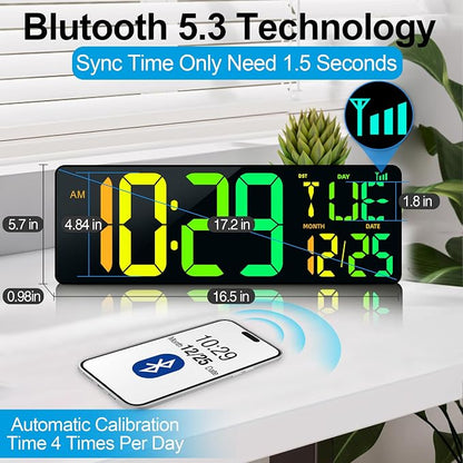 17.2" Large Digital Wall Clock with Bluetooth Auto Sync Time Big Timer | Led Digital Clock Large Display,11 RGB Color,Auto Dimming/DST, with Remote Control for Home Classroom Gift for Mom Dad