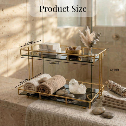 Léazora 2-Tier Black Marble Bathroom Countertop Organizer – Glass Shelves & Gold Metal Frame, Stylish Vanity Storage Shelf for Perfume, Skincare, Makeup & Toiletries