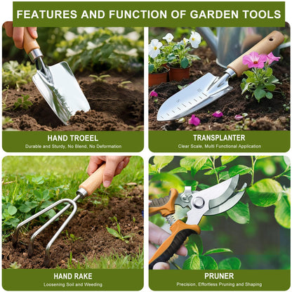 Kynup Gardening Tools, Garden Tools Set-9 Piece Gardening Gift for Women, Gardening Kit Ideal Hand Gardening Spades, Thickened Stainless Steel, Rust-Proof, Garden Supplies, Essentials, Garden Stuff