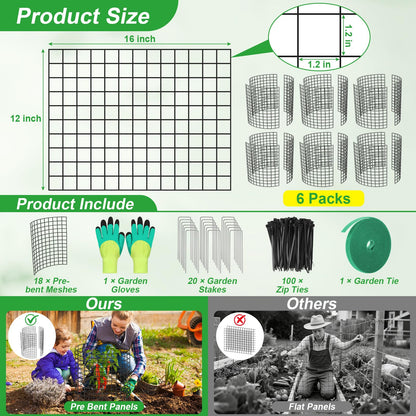 6 Pack Plant Protector from Animals,16" x 12" Wire Garden Plant Protectors,18pcs Pre-Bent Metal Mesh Plant Protectors with Zip Tie and Stake, Garden Plant Cage for Flower Vegetable to Keep Animals Out