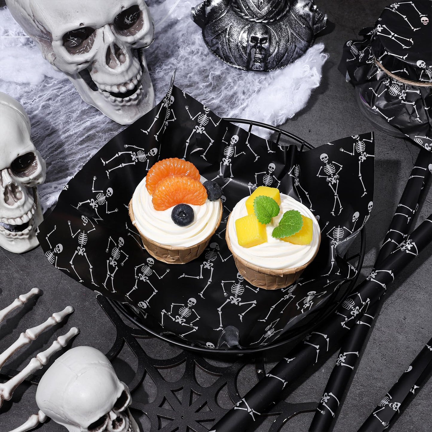 JarThenaAMCS 240Pcs Halloween Skeleton Wax Paper Sheet Black White Skeleton Deli Paper Food Wrapping Paper Waterproof Oil Proof Paper Liners for Party Picnic Kitchen Baking Supplies, 9.8 x 8.3 Inch