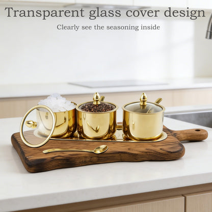 HMDIUM Sugar Bowl Set - 3 Grid Condiment Jars with Glass Lids & Spoon Stainless Steel Canisters with Tray for Sugar, Spice, Salt - Stylish Kitchen Storage Containers
