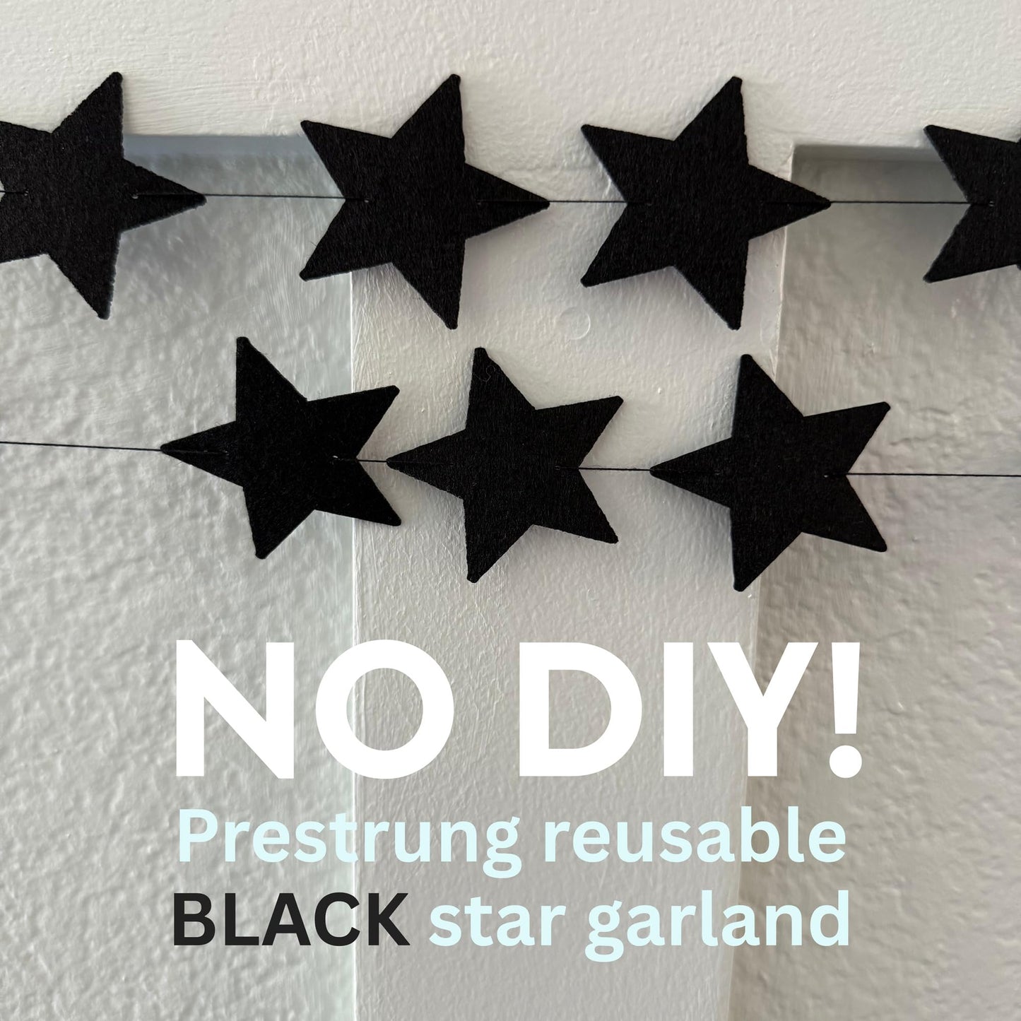 Black Felt Star Garland – 2 Banners (12 Feet Total!) Prestrung New Years Star Banner for New Years Eve Party, Goth Christmas, or Halloween Decor. No DIY! Black Party Decorations