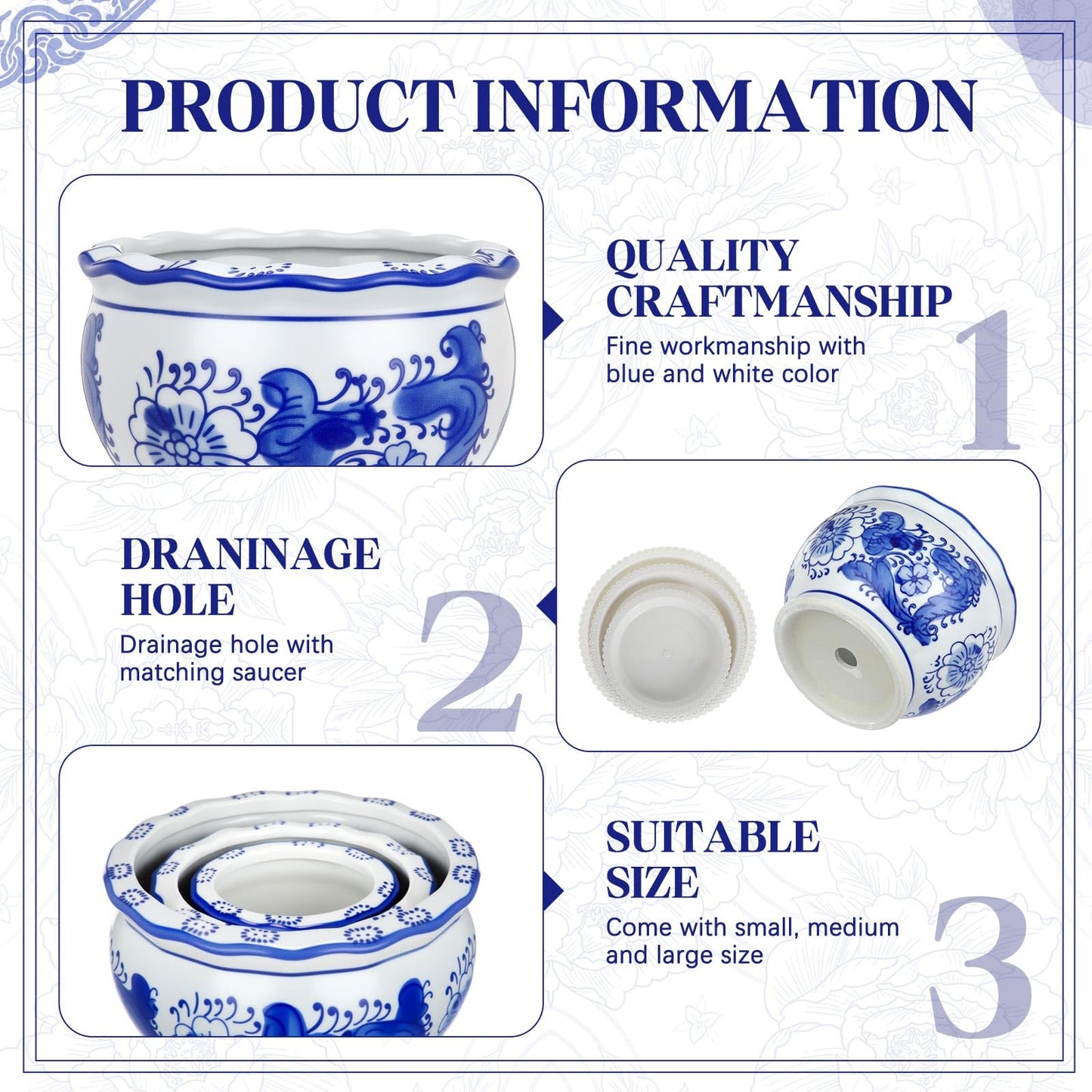 Briwooody Set of 3 Blue and White Porcelain Flower Pots 7.2'' 6'' 4'' Decorative Chinoiserie Plant Pots with Drainage Hole Saucers Ceramic Planters for Indoor Garden(Elegant Style)
