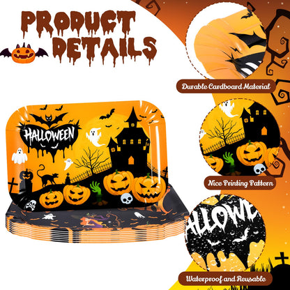 Maitys 12 Pcs Halloween Serving Trays 13 x 9 Inch Large Paper Food Trays Black Orange Pumpkin Bat Ghost Dessert Cupcake Platters for Halloween Movie Night Birthday Party Supplies Table Decorations