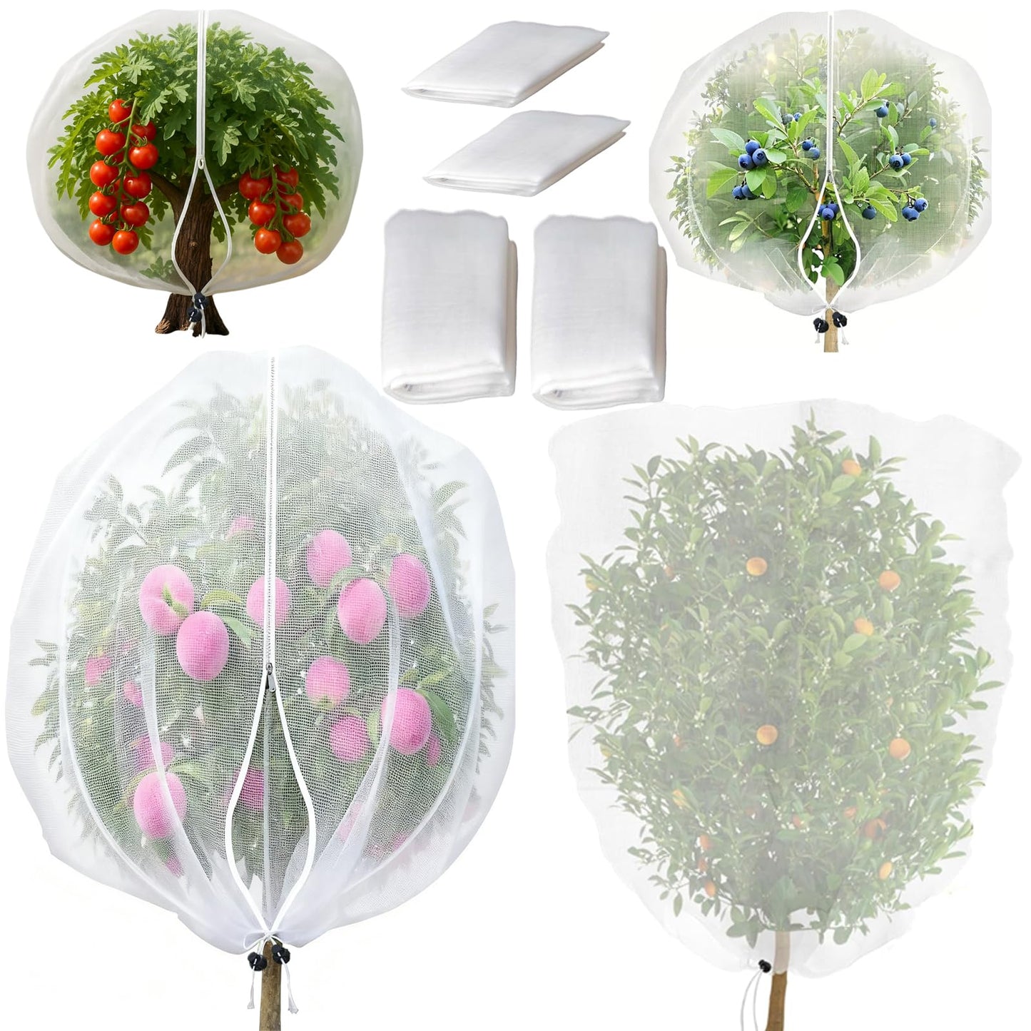 Garden Mesh Netting with Drawstring & Zipper,4PACK Mesh Netting Pest Barrier Protection Bird Mosquito Net Plants Cover for Patio Vegetable Plants Fruit Tree (4FTx5.9FT+2.3FTx3.3FT)
