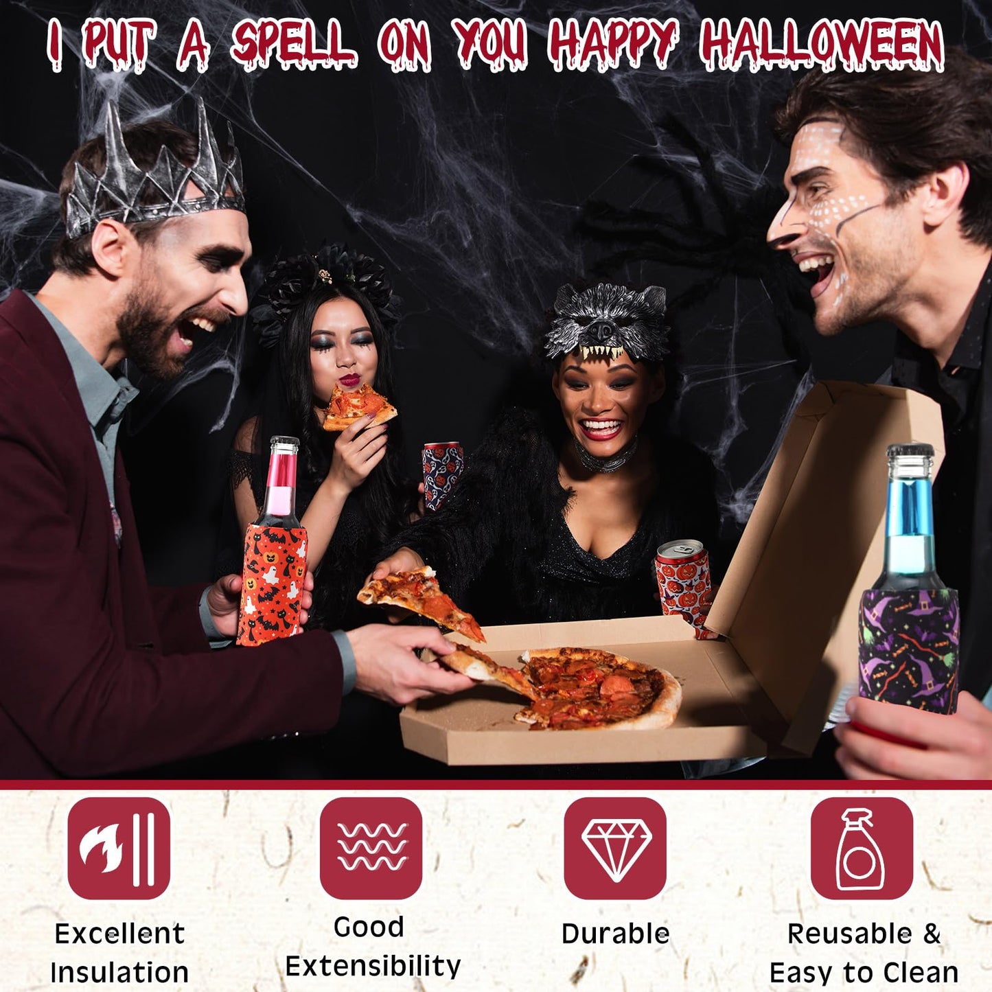 Potchen 24 Pcs Halloween Can Coolers Sleeves 12 oz Witch Skull Can Cooler Sleeves Neoprene Slim Beer Can Cooler Sleeves Bottle Insulator for Halloween Party Favors Gifts Decor Supplies