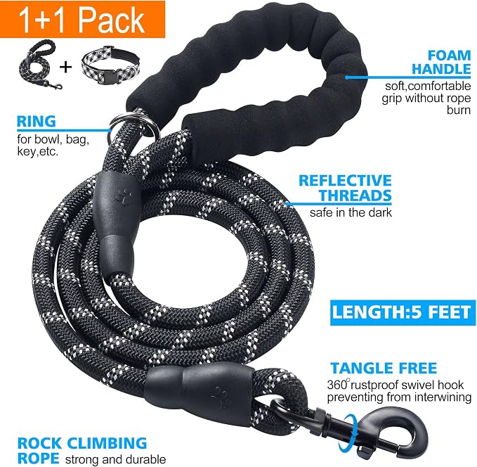 Ladoogo Reflective Dog Collar Padded with Soft Neoprene Breathable Adjustable Nylon Dog Collars for Small Medium Large Dogs (Large (Pack of 1), Black Plaid Collar+Leash)