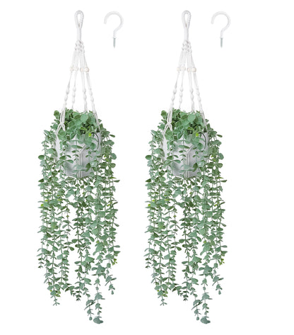 DREAMLOOM 2 Packs Fake Hanging Plants with Pots, Artificial Eucalyptus Hanging Plants with Macrame Hanger for Indoor Decor, Fake Hanging Vines Faux Greenery for Home Kitchen Office