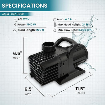 HALF OFF PONDS Submersible Water Pump, 8,000 GPH Pond Pump with 200FT Power Cord and 24FT Max Head, 540W Ultra Quiet Energy Efficient Pump for Koi Pond, Fountain, Waterfall, Water Garden, Skimmer