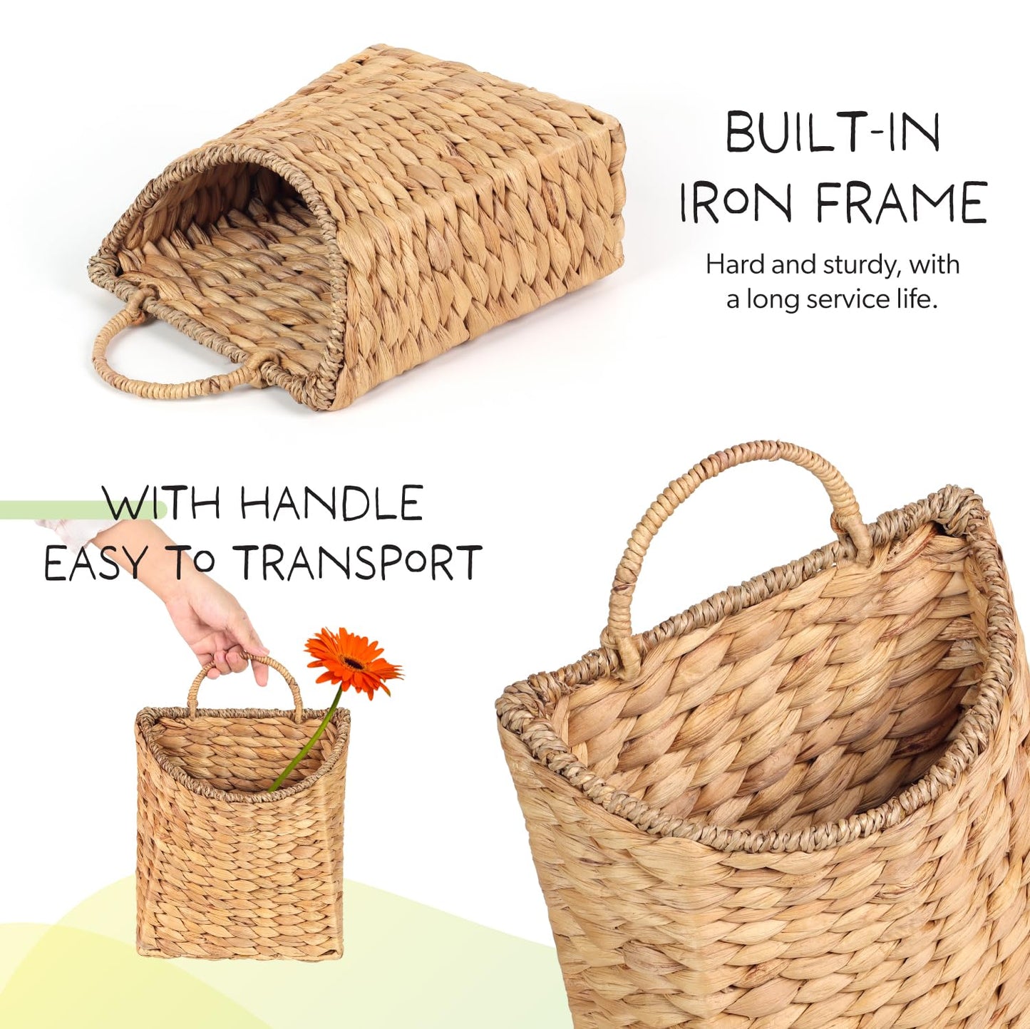 Woven Hanging Water Hyacinth Baskets, Hanging Wall Wicker Basket, Handmade Organizer Baskets, Hanging Flower Basket for Shelves, Walls, Doors, Balconies, Front of House, Garden, Farmhouse, Home.