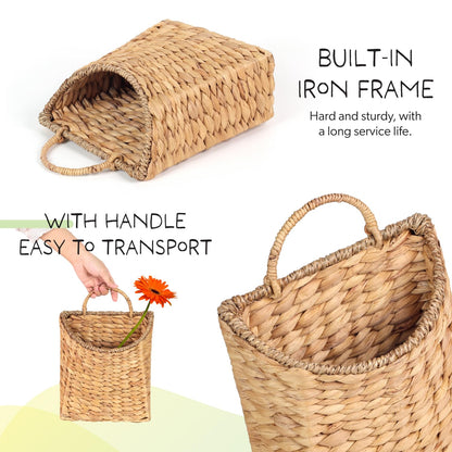 Woven Hanging Water Hyacinth Baskets, Hanging Wall Wicker Basket, Handmade Organizer Baskets, Hanging Flower Basket for Shelves, Walls, Doors, Balconies, Front of House, Garden, Farmhouse, Home.