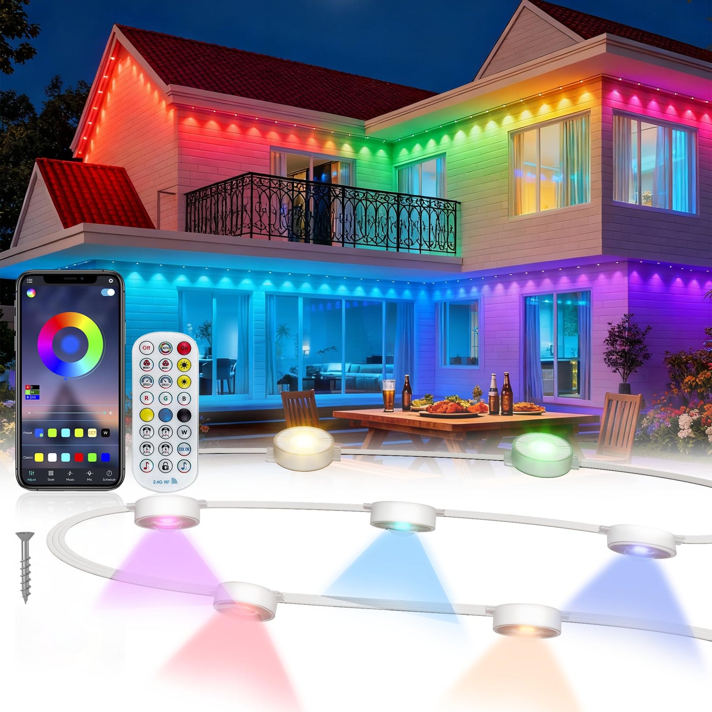 Permanent Outdoor Lights Pro, 150ft with 90 RGB+IC LED Lights for House, 75 Scene Modes,IP68 Waterproof Eave lights Compatible with Alexa, Google Assistant for Halloween Christmas Outdoor Daily Decor