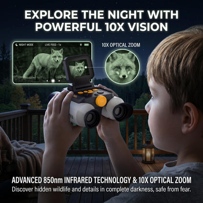 OAEBLLE Kids Binoculars with Night Vision Camera, 10X Zoom Digital Adventures Telescope with 2.4" IPS Screen, Nature Explorer STEM Toys for Bird Watching Camping, Gifts for Boys Girls Age 4-12 - White
