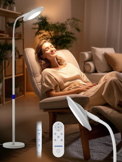 48000 LUX UV-Free Sunlight Lamp, 36W Bright LED Floor Lamp, Full Spectrum Sun Lamp, 7 Brightness Levels 4 Color Temps with Remote, Adjustable Height Reading Floor Lamp for Living Room Bedroom Office