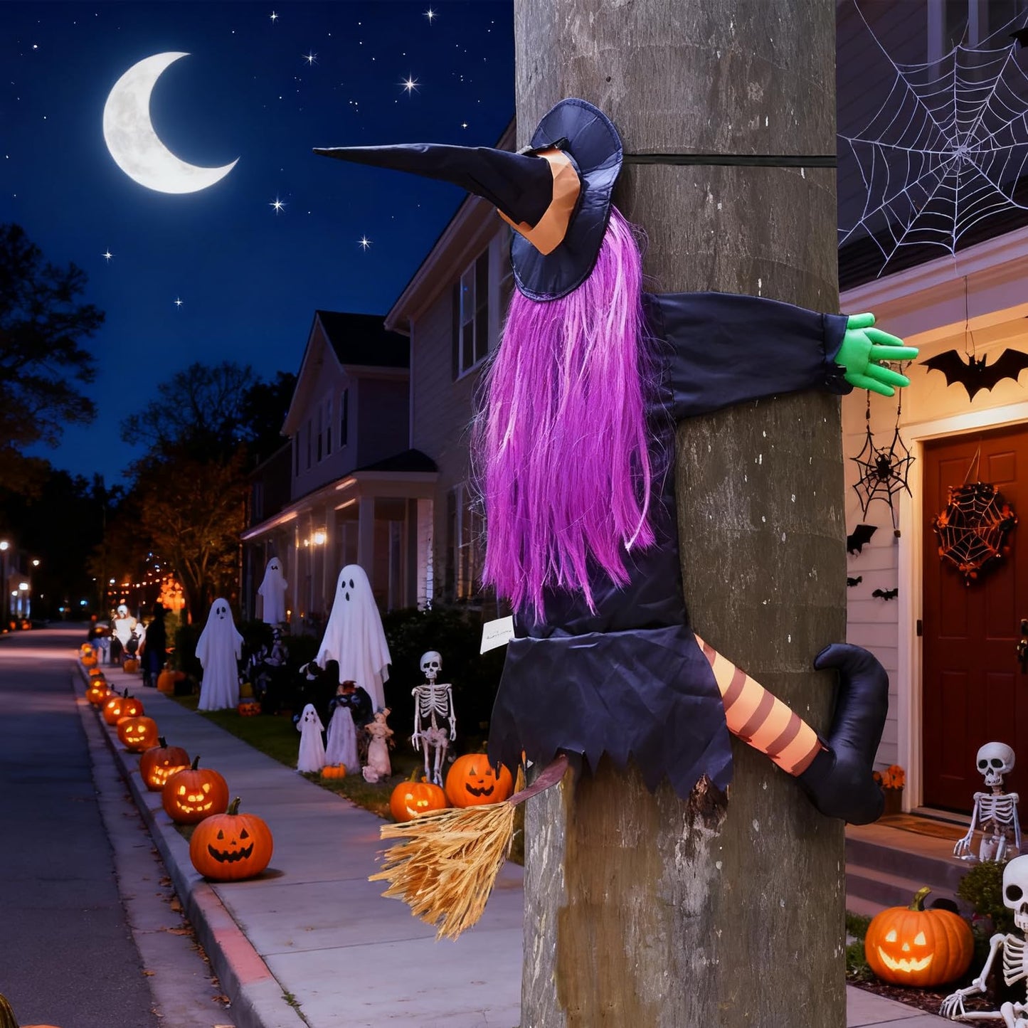 Huoety 54" Crashing Witch Halloween Decoration – Flying Witch on Broom Colliding with Tree for Outdoor Yard, Porch, Garden, and Haunted House Décor – Betty Bash Large Halloween Prop