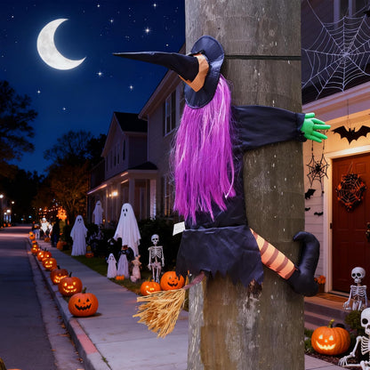 Huoety 54" Crashing Witch Halloween Decoration – Flying Witch on Broom Colliding with Tree for Outdoor Yard, Porch, Garden, and Haunted House Décor – Betty Bash Large Halloween Prop