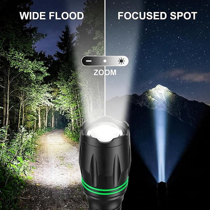 HAUSBELL T8 A100 2000 Lumen Flashlight 2 Pack with Glow-in-Dark Ring, Heavy-Duty Aluminum Tactical Flashlights High Lumens, 5 Modes Zoomable Waterproof LED for Emergency Camping Hiking Home Use
