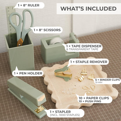 Aesthetic Desk Accessories Set - A Complete Desktop Organizer Set For Women Enhances Any Office Decor - An Office Supplies Kit w Gold Finish incl. Pen Holder, Scissors, Stapler, Tape Dispenser & More