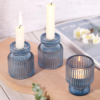 DARJEN 6 Pcs Blue Glass Candlestick Holders with Vertical Stripes - Irregular Shaped, Dual-Use for Taper Candles & Votive/Tea Lights, Candle Holders for Dining Table, Wedding, Party, Home, Gifts