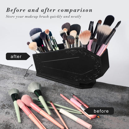 Maitys Coffin Makeup Brush Holder Gothic Wooden Organizer Spooky Coffin Case Gifts for Women Cosmetic Display Cases Spooky Home Office Pencil Brushes Organizer Bathroom Christmas Decor Accessories