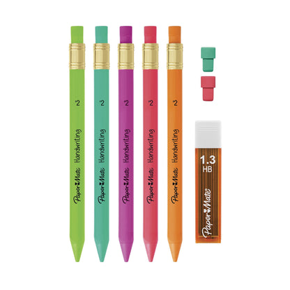 Paper Mate Handwriting Triangular Mechanical Pencil Set with Lead & Eraser Refills, 1.3mm, Back to School, Teacher Supplies, Home, Sketching, Drafting, Fun Barrel Colors, 8 Count