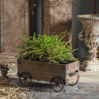 TerkCo Rustic Wooden Wagon Planter, Distressed Wood with Metal Wheels, Farmhouse Style Outdoor Patio Flower Pot,Garden Backyard Planter