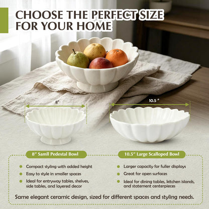 8-Inch Fluted Ceramic Decorative Bowl,Small White Fruit Bowl for Kitchen Counter,Key Bowl for Entryway Table,Handcrafted Pedestal Bowl for Coffee Table, Dining Room Centerpiece,House Warming Gift
