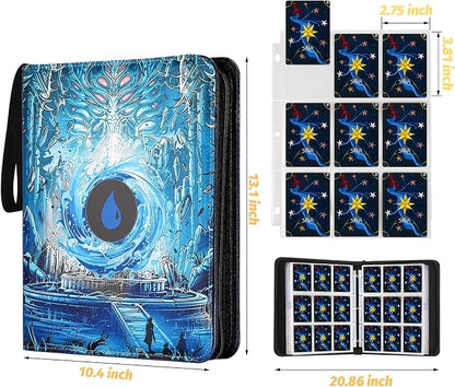 720 Pockets Round Ring Trading Card Binder, 9-Pocket Clear Zipper Card Album with Wrist Strap, Holds 720 Standard TCG Cards Compatible with Sports Baseball Football Game Cards (Blue Print)