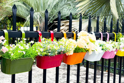 Joyfernal 12" Balcony Railing Planters, Outdoor Hanging Planter for Fence, Stylish Metal Porch Deck Flower Pot for Herbs & Succulents (11.8", Pack of 6)