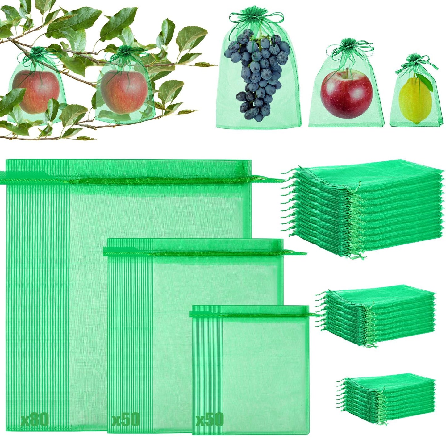 180 Pcs Fruit Protection Bags for Fruit Trees, Green Fruit Netting Cover Bags 3 Size Garden Netting Bags with Drawstring Mesh Barrier Bags for Plant Flower Vegetable Fruit Organza Bags Netting