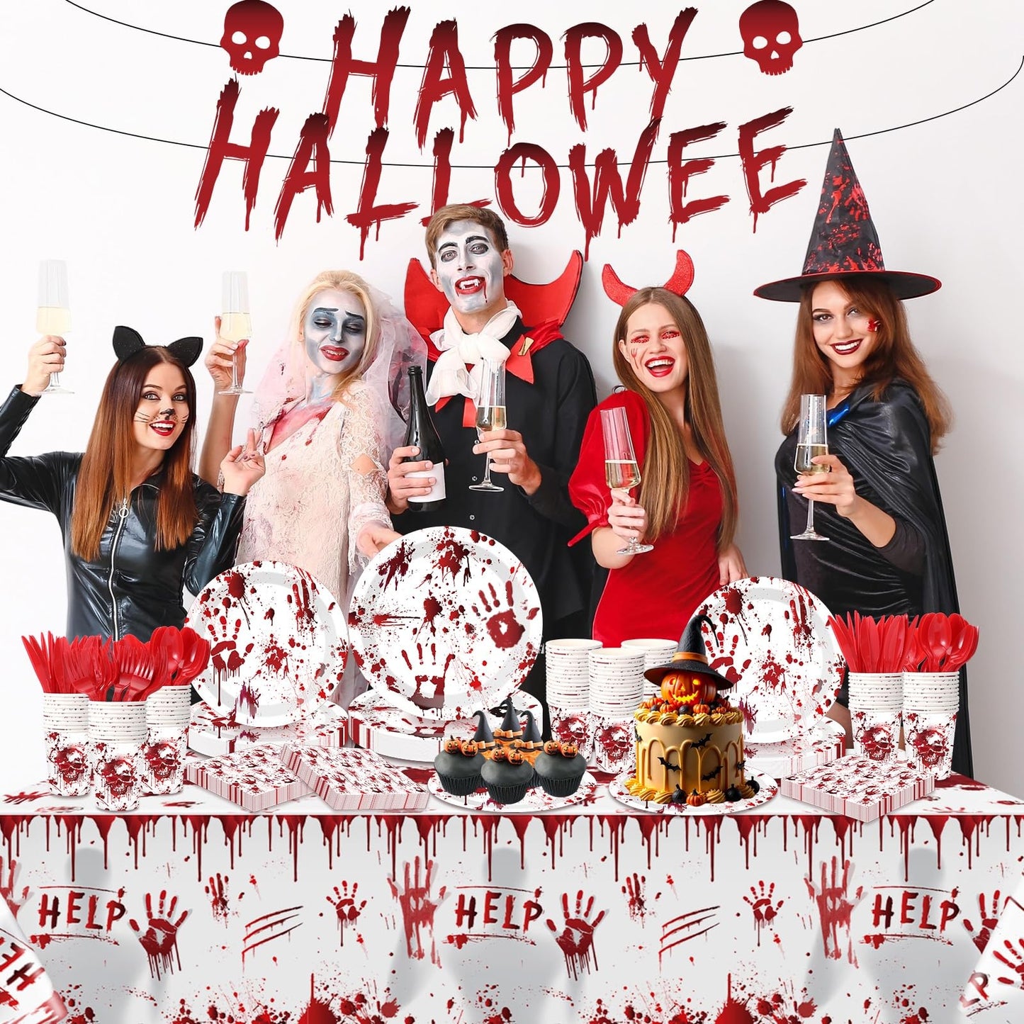 Peryiter 171 Pcs Halloween Party Supplies Disposable Tableware Set Halloween Plate Cup Napkin Spoon Fork Knives Banner Plastic Tablecloth Dinnerware Kit for Party Decorations Serves 24 (Bloody Zombie)