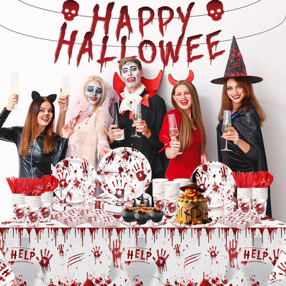 Peryiter 171 Pcs Halloween Party Supplies Disposable Tableware Set Halloween Plate Cup Napkin Spoon Fork Knives Banner Plastic Tablecloth Dinnerware Kit for Party Decorations Serves 24 (Bloody Zombie)