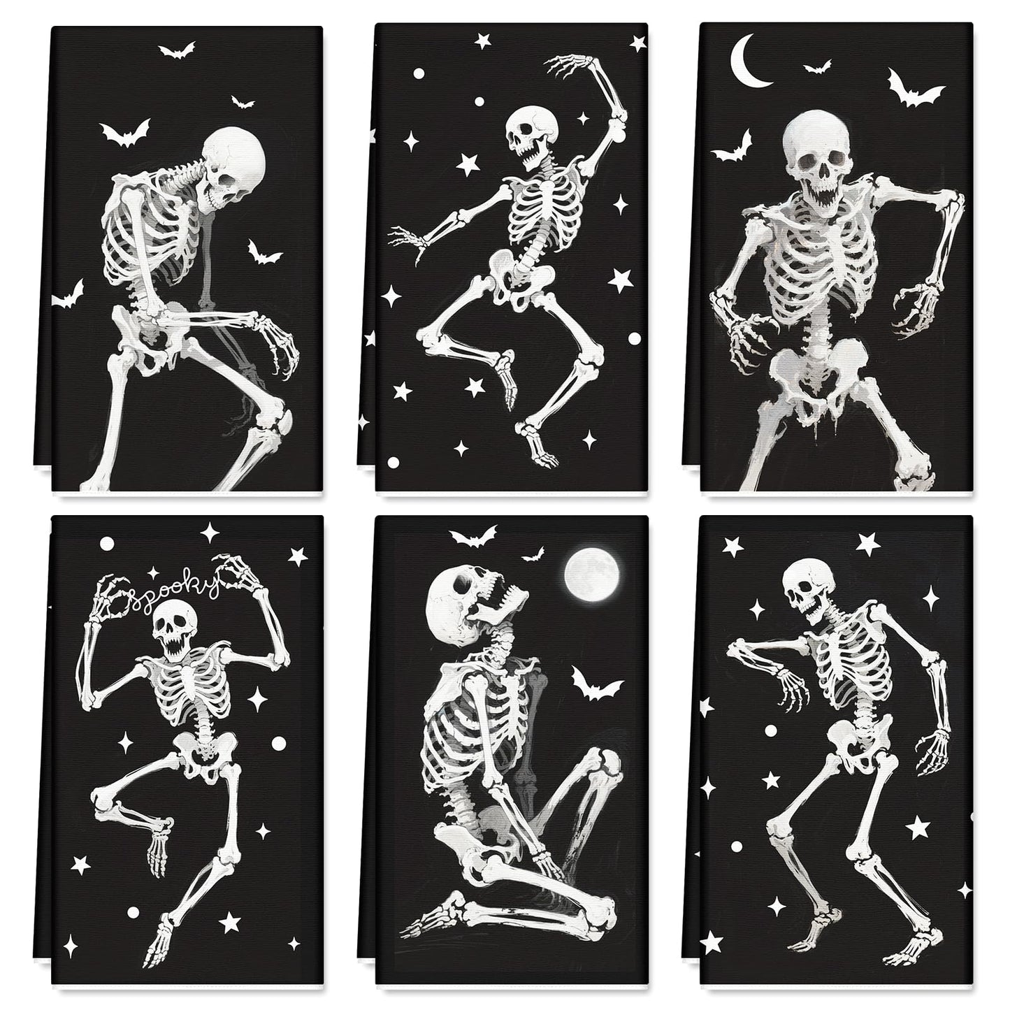 6Pcs Halloween Skeleton Kitchen Towels Spooky Dish Towel 18 x 28 Inch Hand Drying Tea Towel for Cooking Baking Cleaning