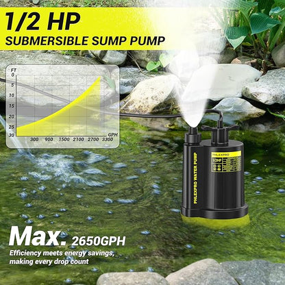 1/2HP Automatic Submersible Water Pump,110V Sump Pump Submersible with 2650 GPH Water Removal, 3/4” Garden Hose Check Valve Adapter for Swimming Pool Cover Hot Tubs Flooded House Basement