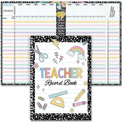 Fuyoooo Teacher Record Book 2026-2027 Teacher Grade Books Spiral Bound Record Planner 2026 Class Grade Book Office Favors for Classroom Attendance Planner Decoration Double Sided(Black, Composition)